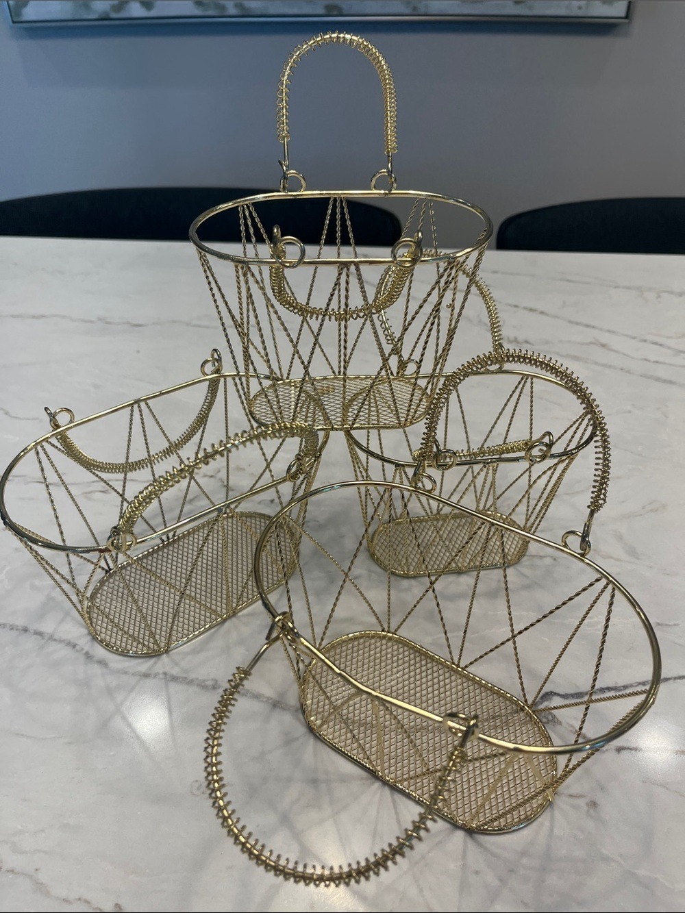 Gold Metal Wire Storage Basket Set with Braided Handles